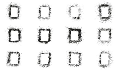 사각 스프레이 프레임 세트 거친 질감 컬렉션이 있는 블랙 그런지 테두리 흰색 배경에 직사각형 모양의 브러시 그레인을 그립니다