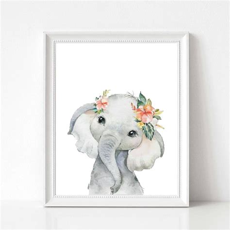 Elephant With Flowers Watercolor Print Boho Nursery Decor