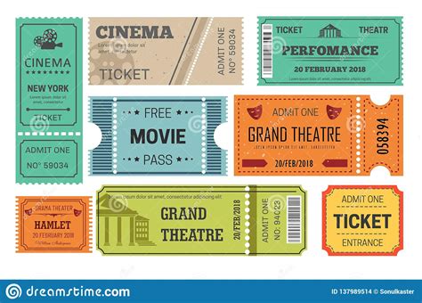 Ticket Cinema And Theatre Admission Or Paper Pass Stock Vector