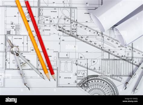 Architectural Plans Pencils And Ruler Stock Photo Alamy