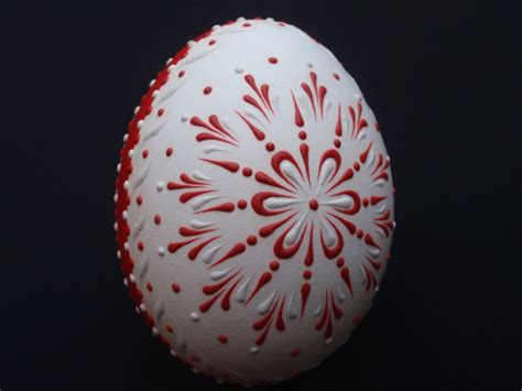 Wax Embossed Chicken Egg Polish Pysanka In Red And White Easter Egg