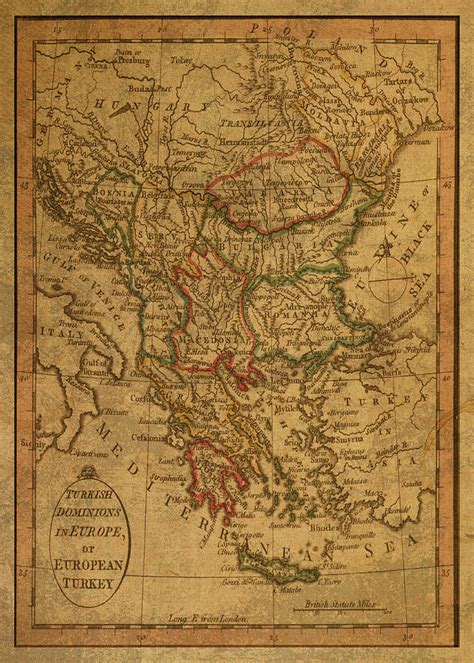 Turkish Dominions In Europe 1798 Antique Vintage Map On Parchment Mixed