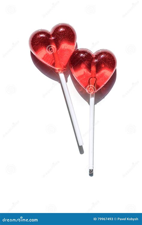 Two Lollipops Red Hearts Candy Love Concept Valentine Day Stock