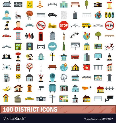 100 District Icons Set Flat Style Royalty Free Vector Image