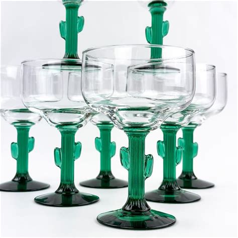 8 Libbey Green Cactus Stem Margarita Bar Glasses