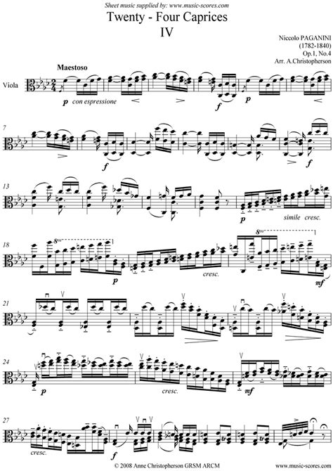 Paganini Op1 Caprice No 04 Viola Classical Sheet Music