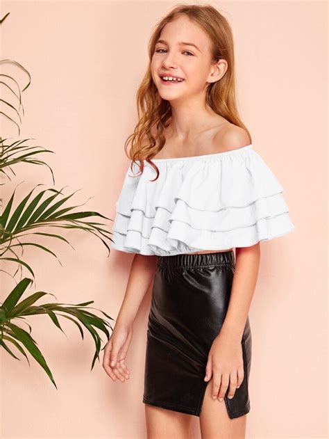 Girls Off Shoulder Layered Top And Split Hem Pu Leather Skirt Set Shein