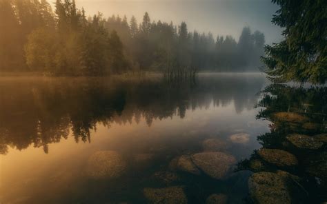 X Nature Landscape River Calm Water Mist Forest Sunrise Finland Stones Trees Reflection