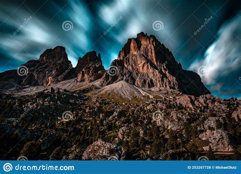 Starry Night Sky At Sassolungo In The Dolomites Stock Photo Image Of