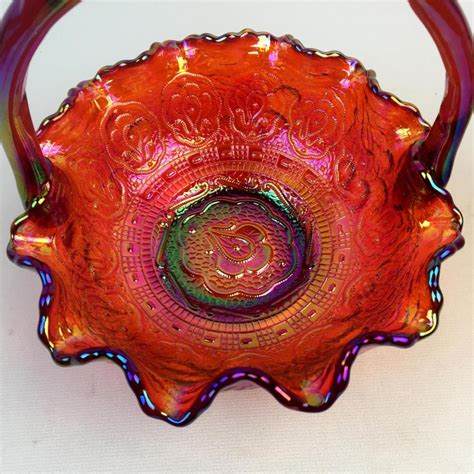 Lot Fenton Glass Iridescent Red Carnival Glass Wild Berry Ruffled Basket W Applied Handle