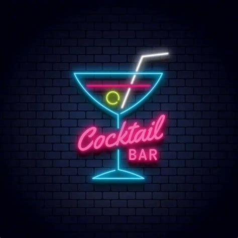 Neon Cocktail Bar Sign On A Brick Wall With A Glass And A Ball In It