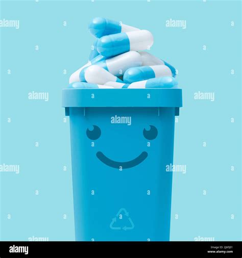 Smiling Trash Can Full Of Expired Pills Medical Waste Disposal Concept