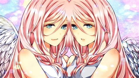 Wings Vocaloid Blue Eyes Long Hair Pink Hair Symmetrical