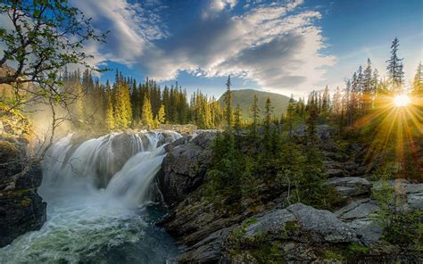 Waterfall Near Trees At Daytime Wallpaper Sunset River Forest Sky
