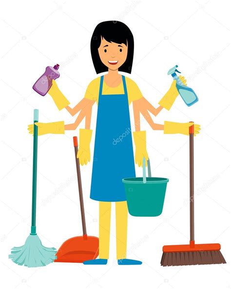 The Concept Of Multitasking Housewife Woman And Cleaning Tools Vector