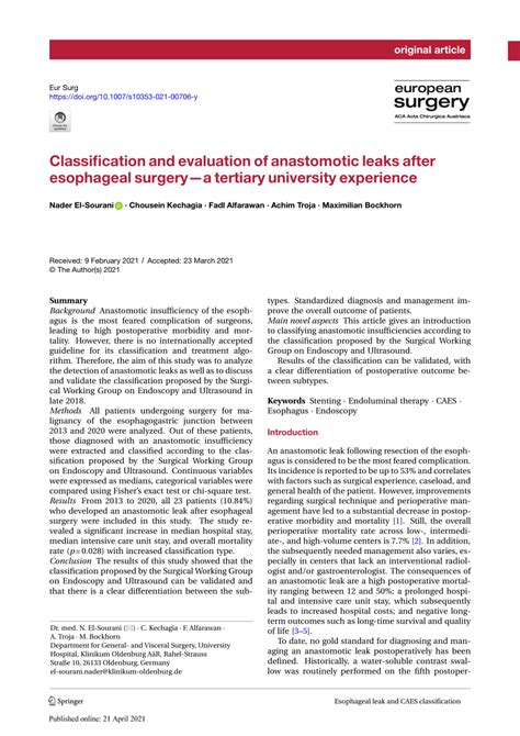 Pdf Classification And Evaluation Of Anastomotic Leaks After