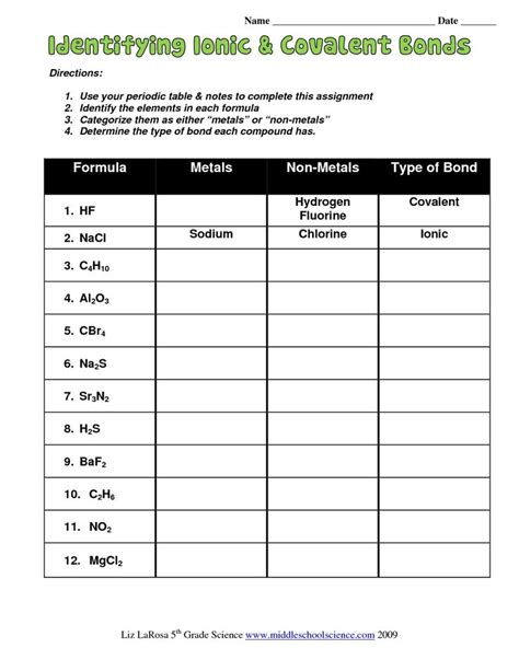 The Printable Worksheet For Identifying Ionics And Covalentnt Bonds