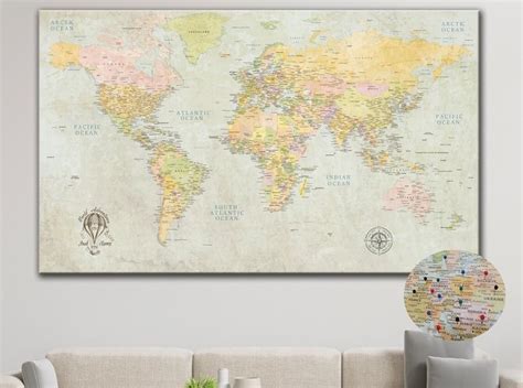 Large World Map On Canvas Push Pin Classic World Map Etsy Custom
