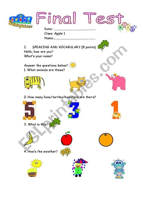 Test For Kids Esl Worksheet By Sunnykids
