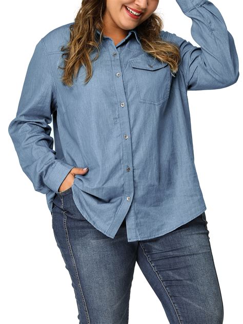 unique bargains women s plus size chest pocket long sleeve denim chambray shirt