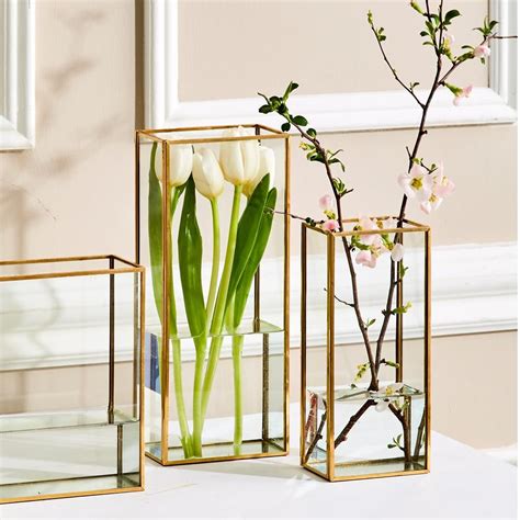 Two S Company Windows Clear Glass Metal Square Vases With Gold Metal Trim In 2 Sizes Set Of 2