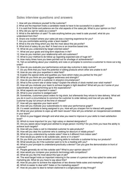 Sales Interview Questions And Answers Pdf Retail Creativity