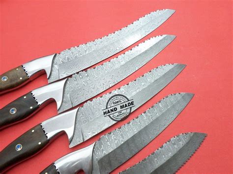 Damascus Kitchen Knives 5 Pcs Set Custom Handmade Damascus Steel