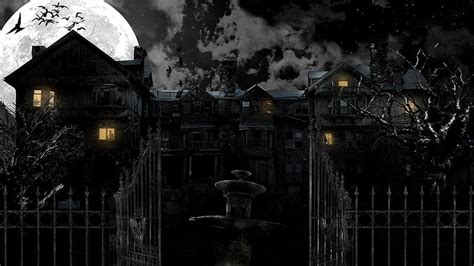 Black Haunted Mansion With Moon Backgroud Birds Flying Near Movies Hd