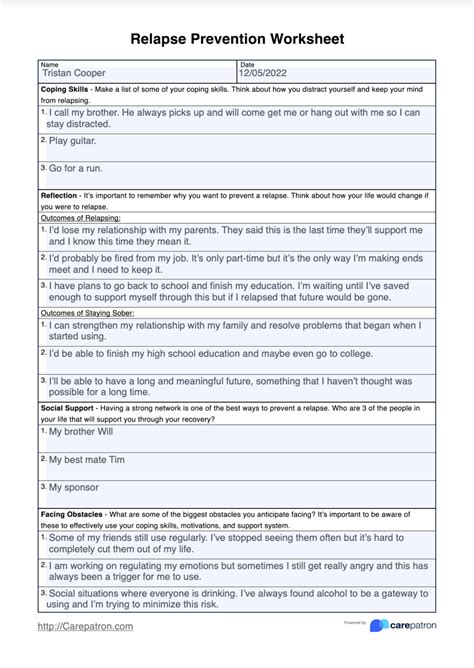 relapse prevention worksheet and example free pdf download