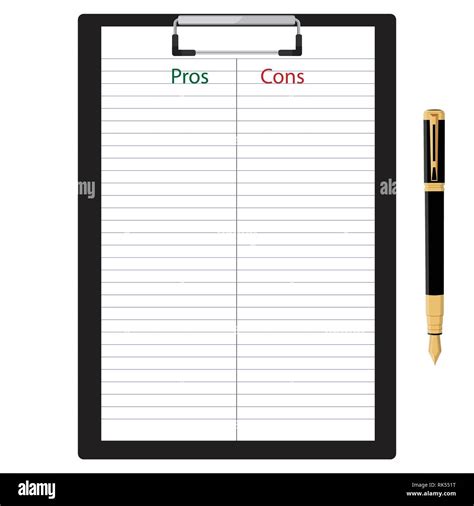 Pros Cons Concept Pros Cons List Paper On Clipboard With Pen Vector