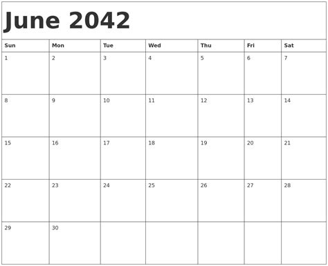 June 2042 Calendar Template