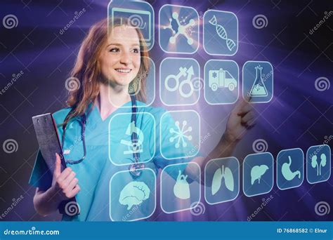 The Woman Doctor Pressing Buttons With Various Medical Icons Stock