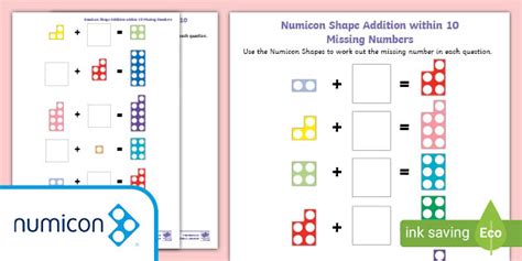 Numicon Shapes Addition Within 10 Missing Numbers Worksheets