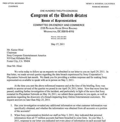 > hello, when writing a letter to a president (e.g. Congress Asks Sony to Address Unanswered Questions - The ...