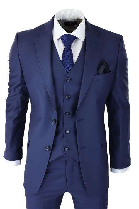 Mens Classic Navy Blue 3 Piece Suit Slim Fit Vintage Retro Smart Formal