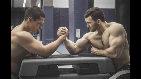 Armwrestling With Huge Muscle Arms Flexing Show Gym