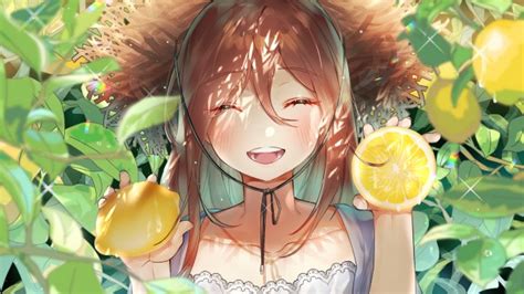 Wallpaper Cute Anime Girl Smiling Lemon Fruits