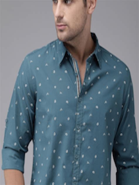 Buy The Roadster Lifestyle Co Men Teal Blue And White Regular Fit Printed