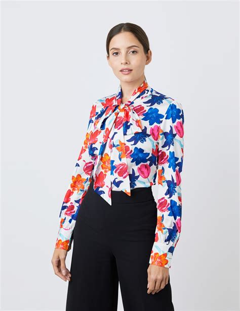 satin women s fitted shirt with large floral print and pussy bow in white and blue hawes