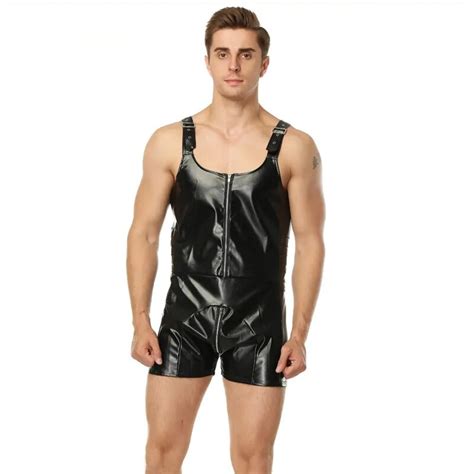hot sale catsuit leather lingerie men sexy bodysuit faux latex male erotic jumpsuit zipper