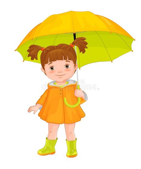 Isolated Image Of A Cartoon Girl Standing Under An Umbrella Stock