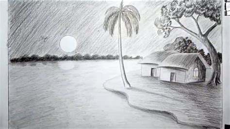 Moonlight Night Scenery Drawing With Pencil Step By S