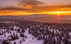 Winter, Sunset, Trees, Snow, Mountains, Red, Sky, Wallpaper