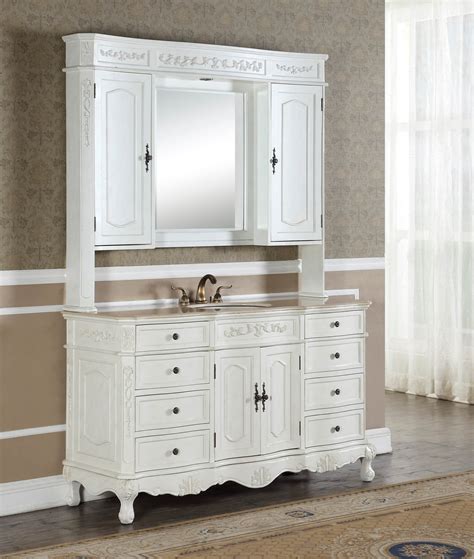 The wooden vanity countertop runs here we find toiletries raised up off the countertop in wall mounted dispensers, and a cutaway in the. 60" Kensington Antique White Bathroom Vanity - Antique ...