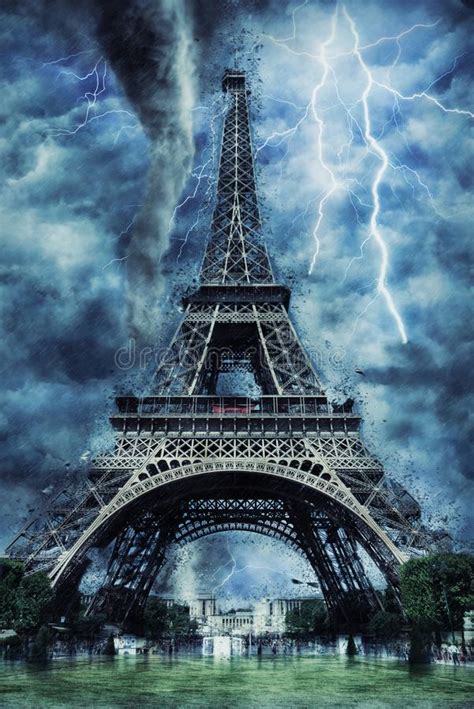 Eiffel Tower During The Heavy Storm Rain And Lighting In Paris Stock