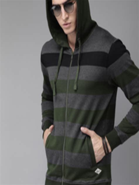 Buy The Roadster Lifestyle Co Men Green And Grey Striped Hooded
