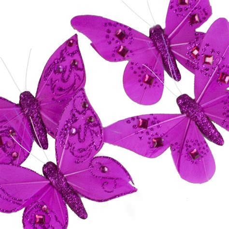 Magenta Pink Feather Butterflies 4 X 10cm