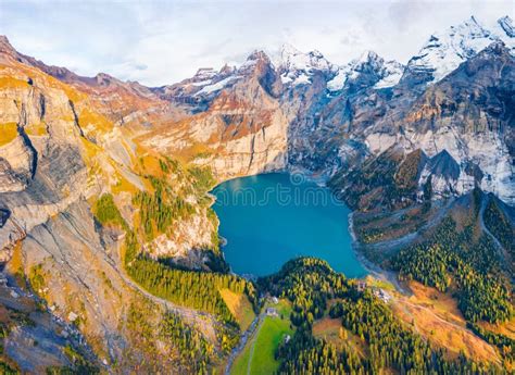 View From Flying Drone Attractive Autumn View Of Unique Oeschinensee