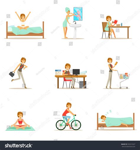 Modern Woman Daily Routine Morning Evening Stock Vector