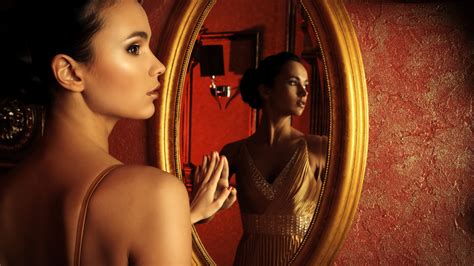 Women Model Brunette Long Hair Looking Away Face Bare Shoulders Portrait Mirror Brown